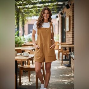 Corduroy Tie Knot Strap Overall Shorts Pocket Jumpsuit Brown S